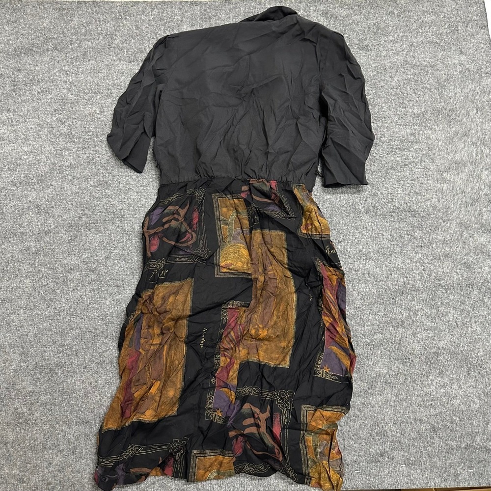 Periwinkle Dress Womens Size 16 Black Graphic Print Rayon Vintage USA Made Midi